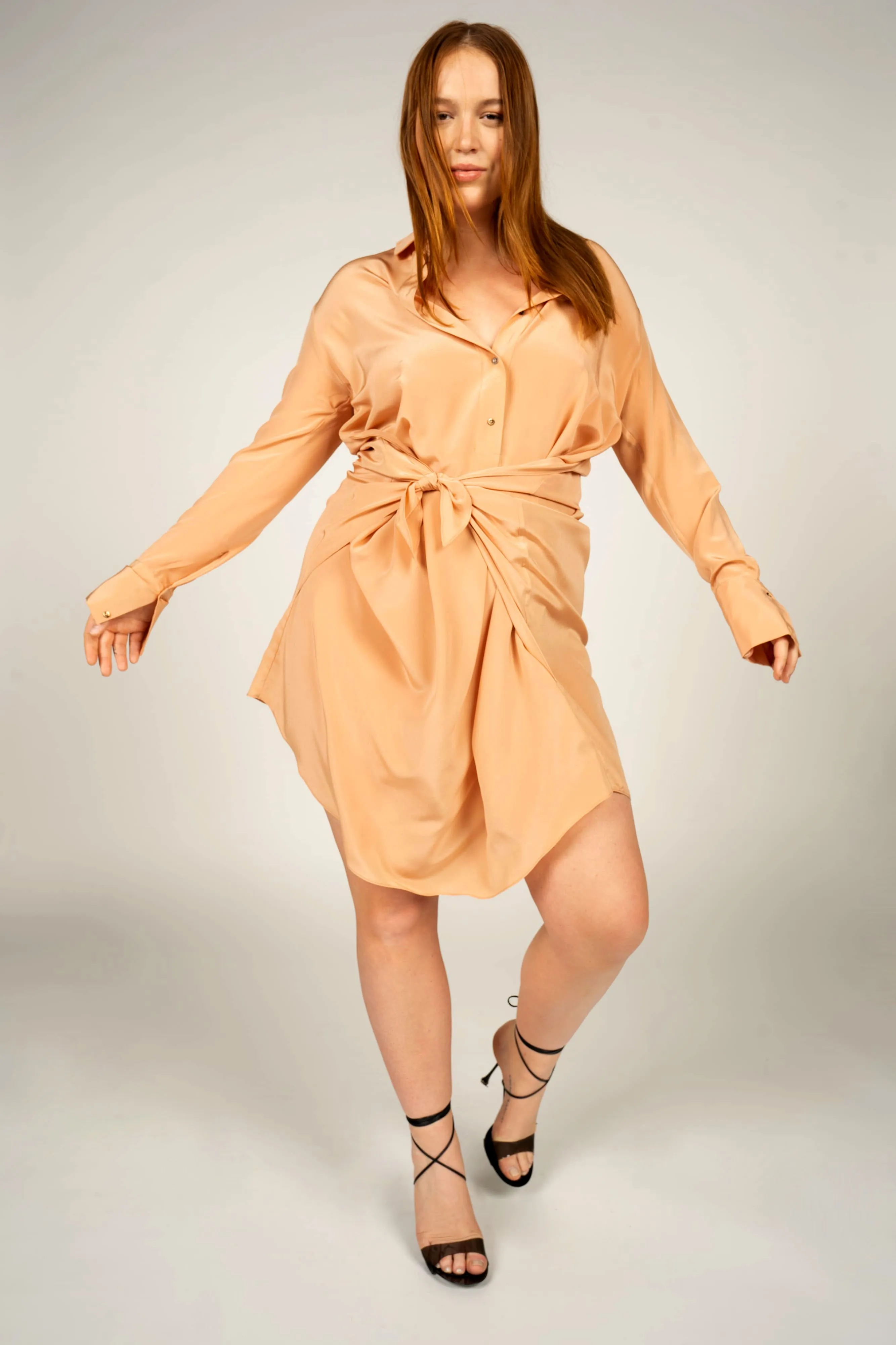 7/8 Handkerchief Button Up Tied Dress - Terracotta
