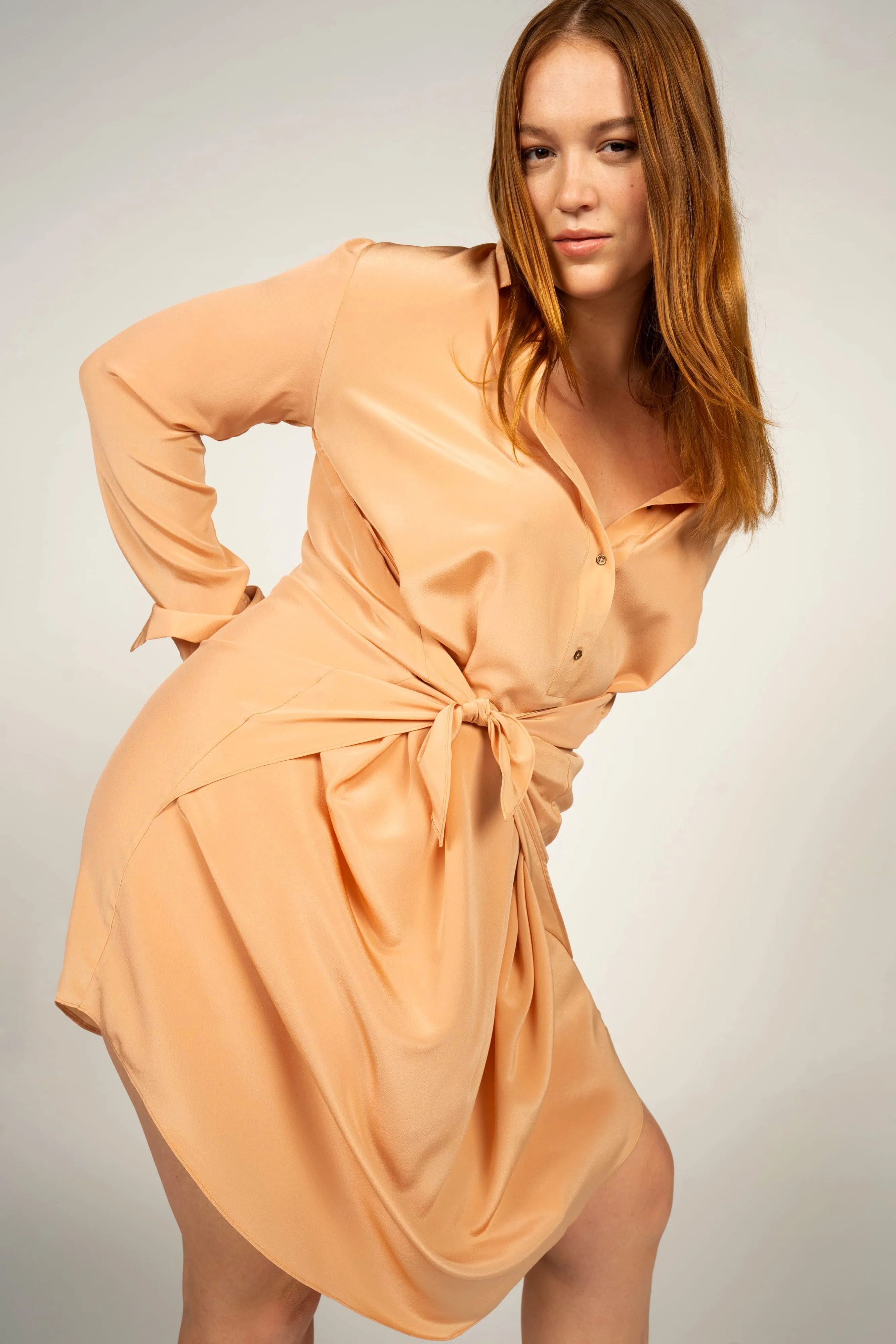 7/8 Handkerchief Button Up Tied Dress - Terracotta