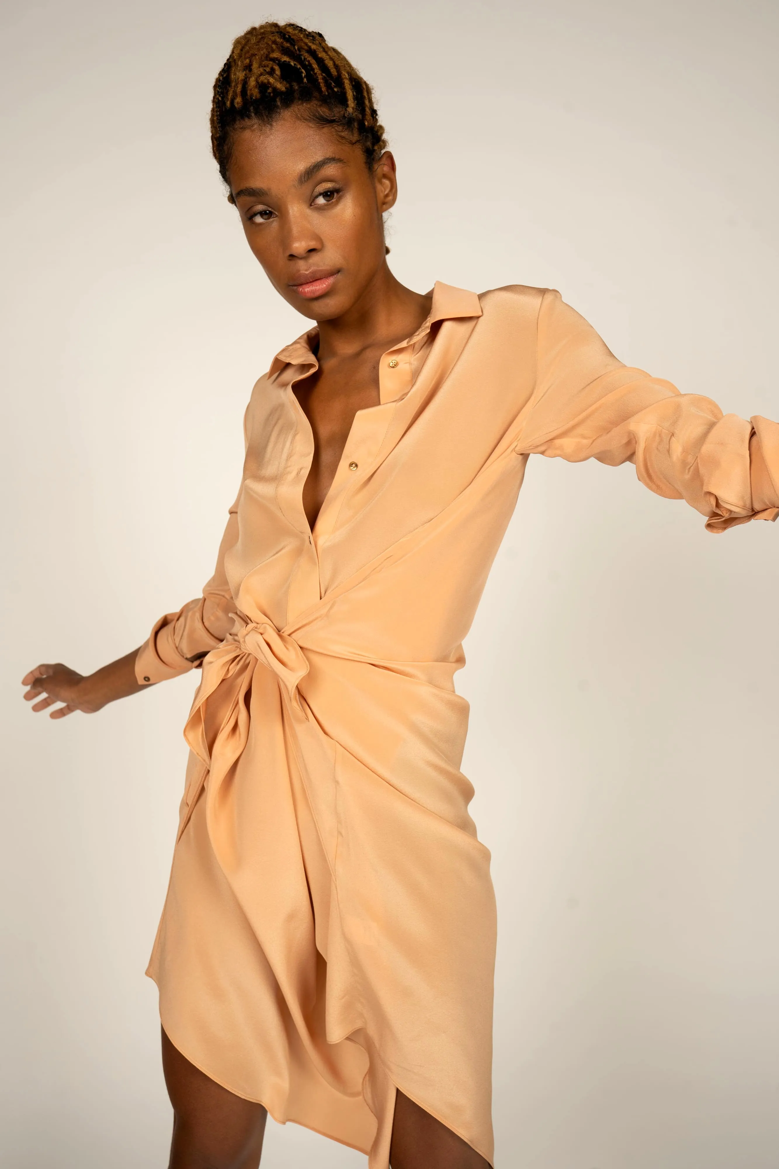 7/8 Handkerchief Button Up Tied Dress - Terracotta