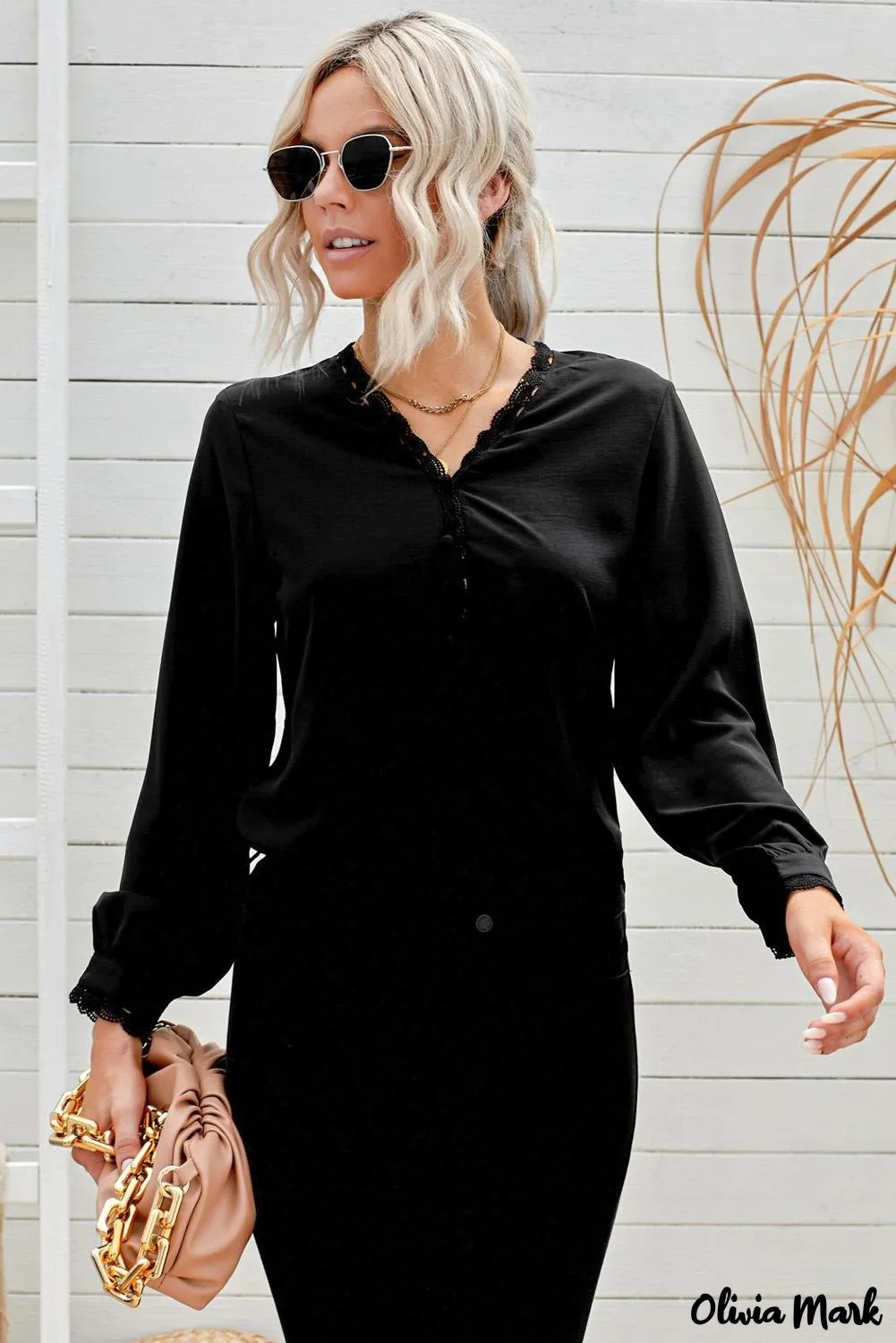 Deanwangkt - Black Crochet Lace Button Down Long Sleeve Shirt