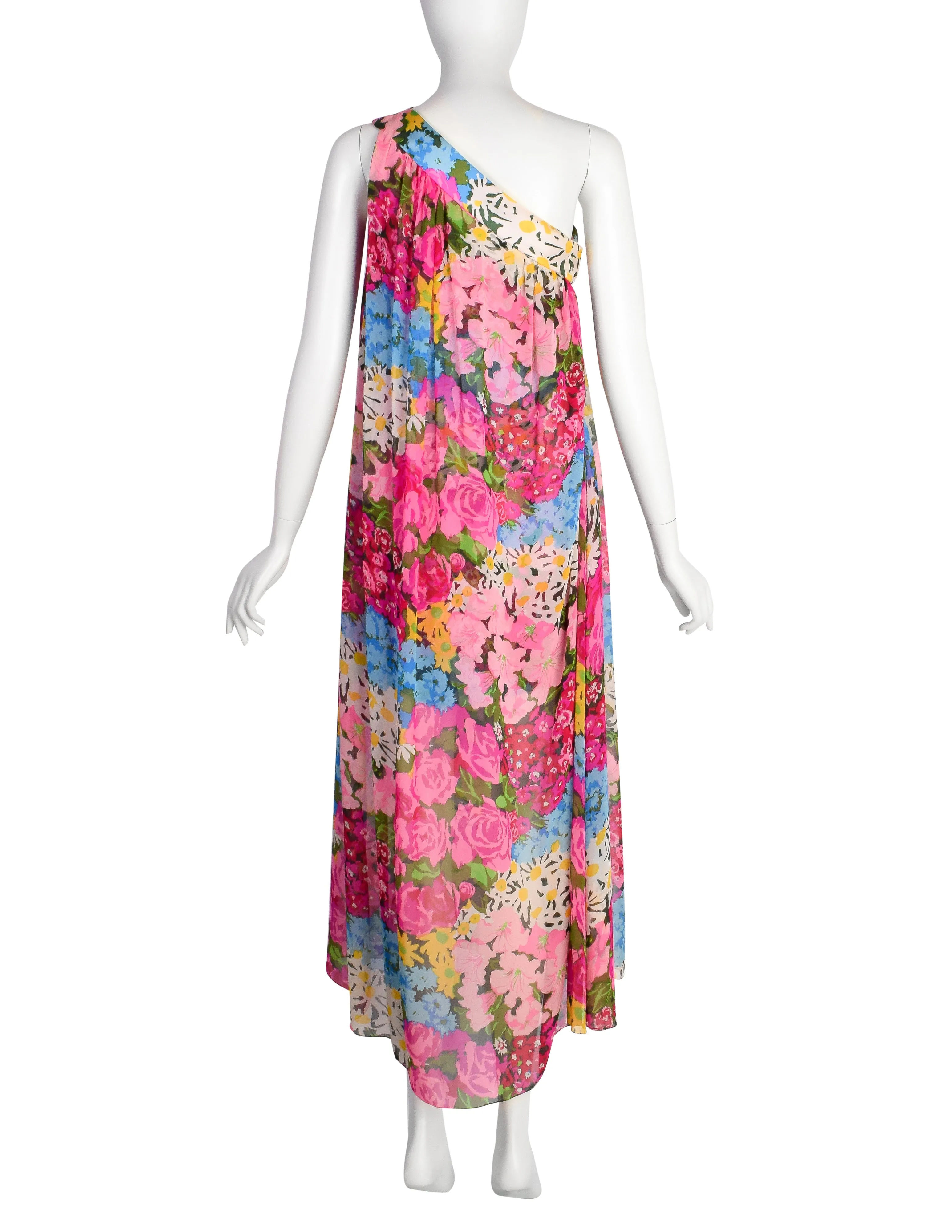 Pauline Trigere Vintage Late 1960s Pink Floral Silk One Shoulder Dress