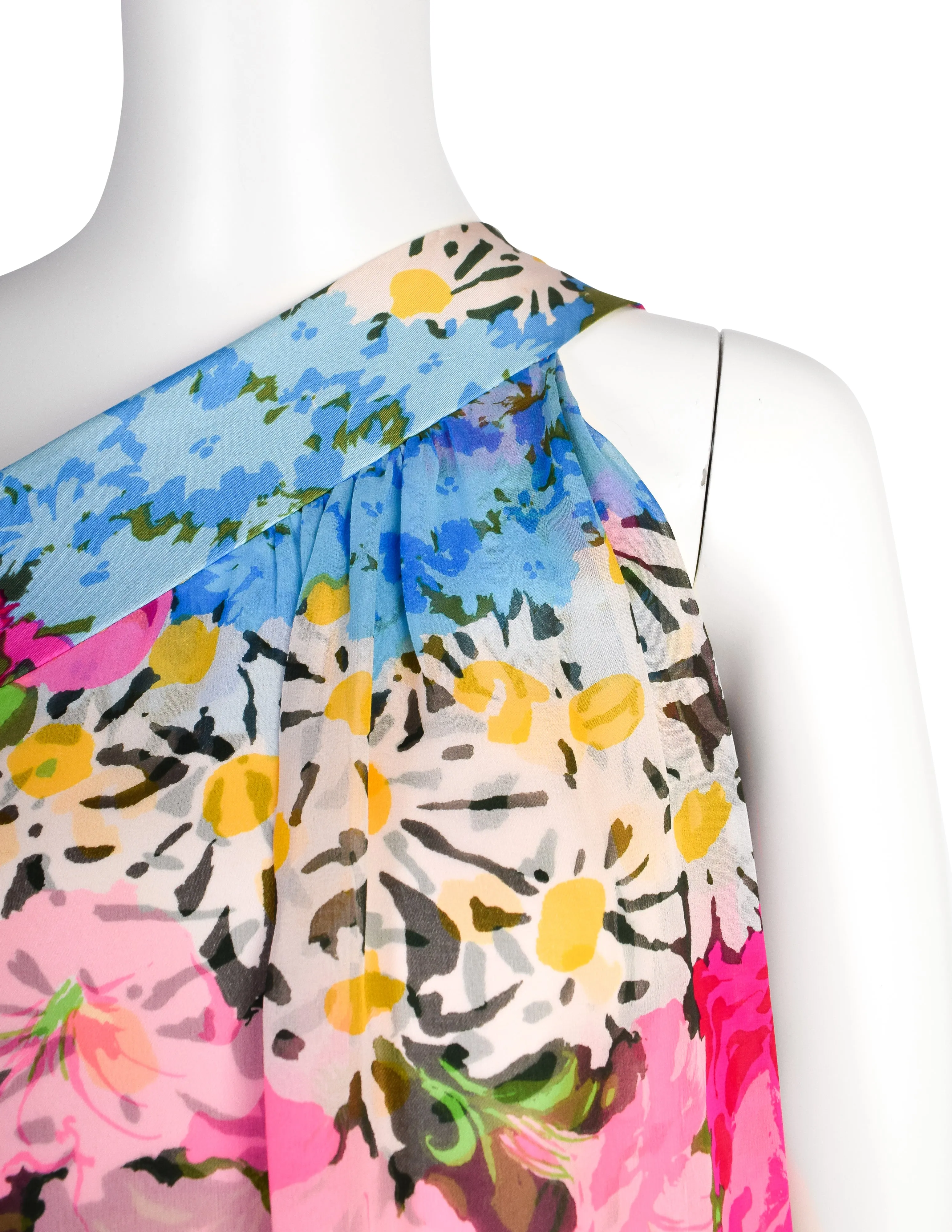 Pauline Trigere Vintage Late 1960s Pink Floral Silk One Shoulder Dress