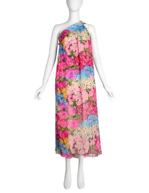 Pauline Trigere Vintage Late 1960s Pink Floral Silk One Shoulder Dress