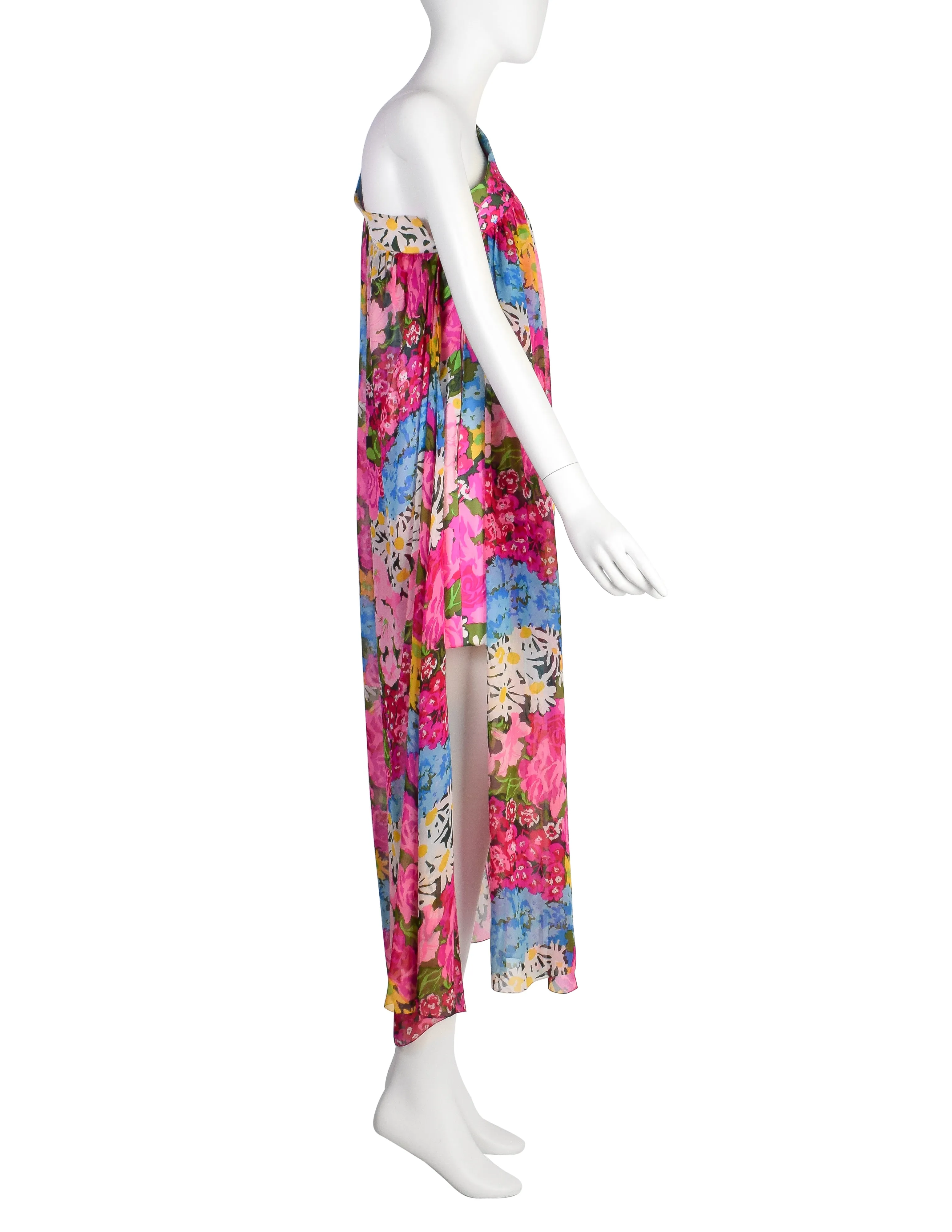 Pauline Trigere Vintage Late 1960s Pink Floral Silk One Shoulder Dress