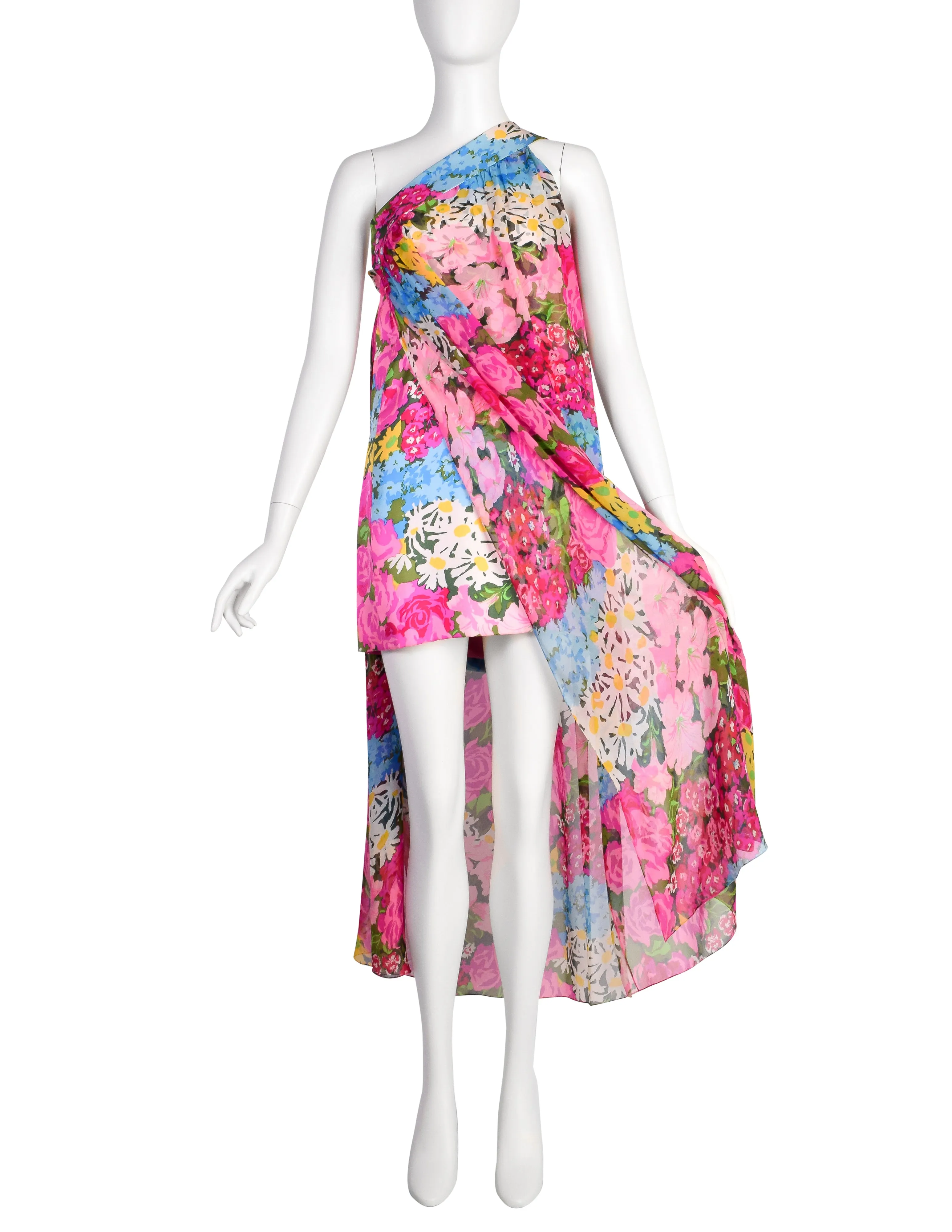 Pauline Trigere Vintage Late 1960s Pink Floral Silk One Shoulder Dress