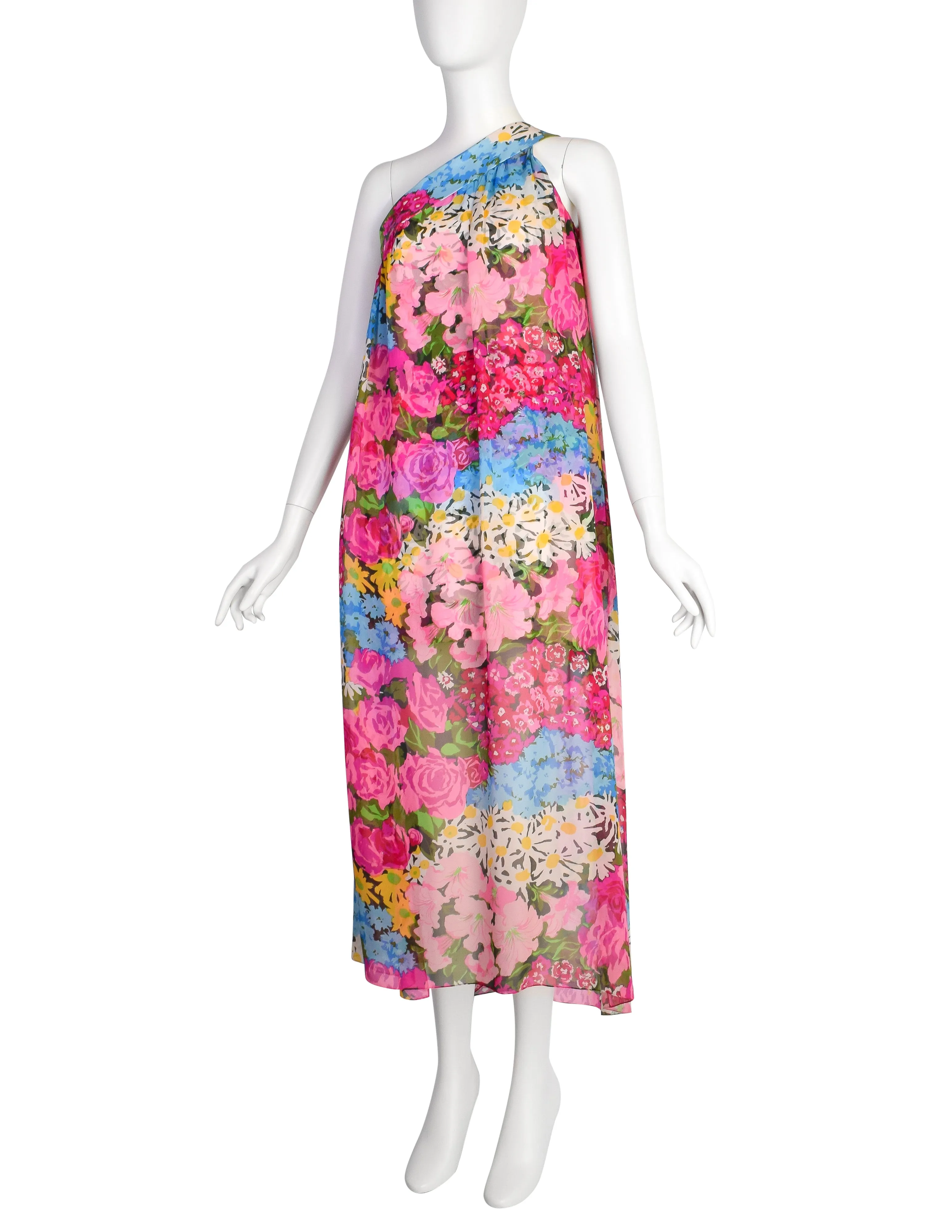 Pauline Trigere Vintage Late 1960s Pink Floral Silk One Shoulder Dress