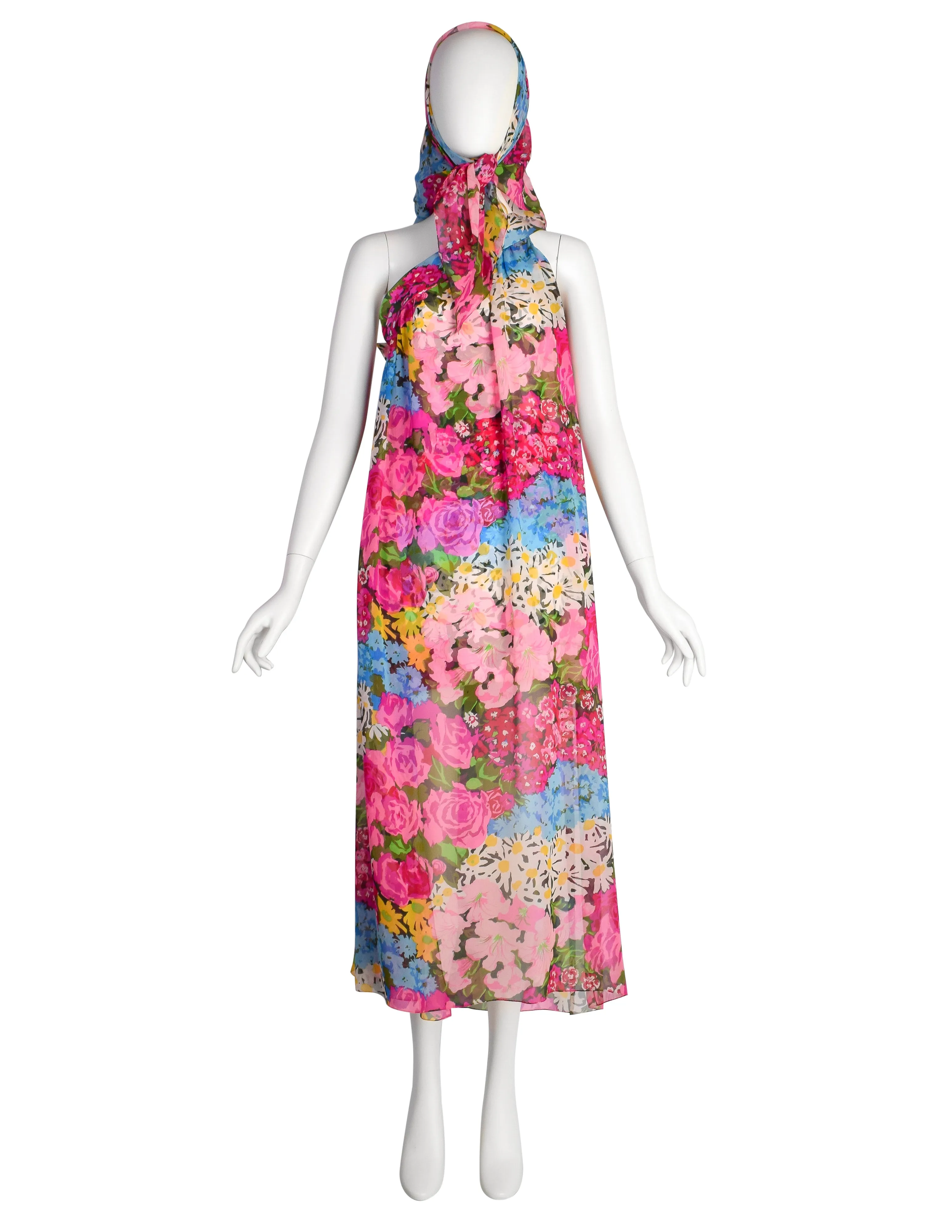 Pauline Trigere Vintage Late 1960s Pink Floral Silk One Shoulder Dress