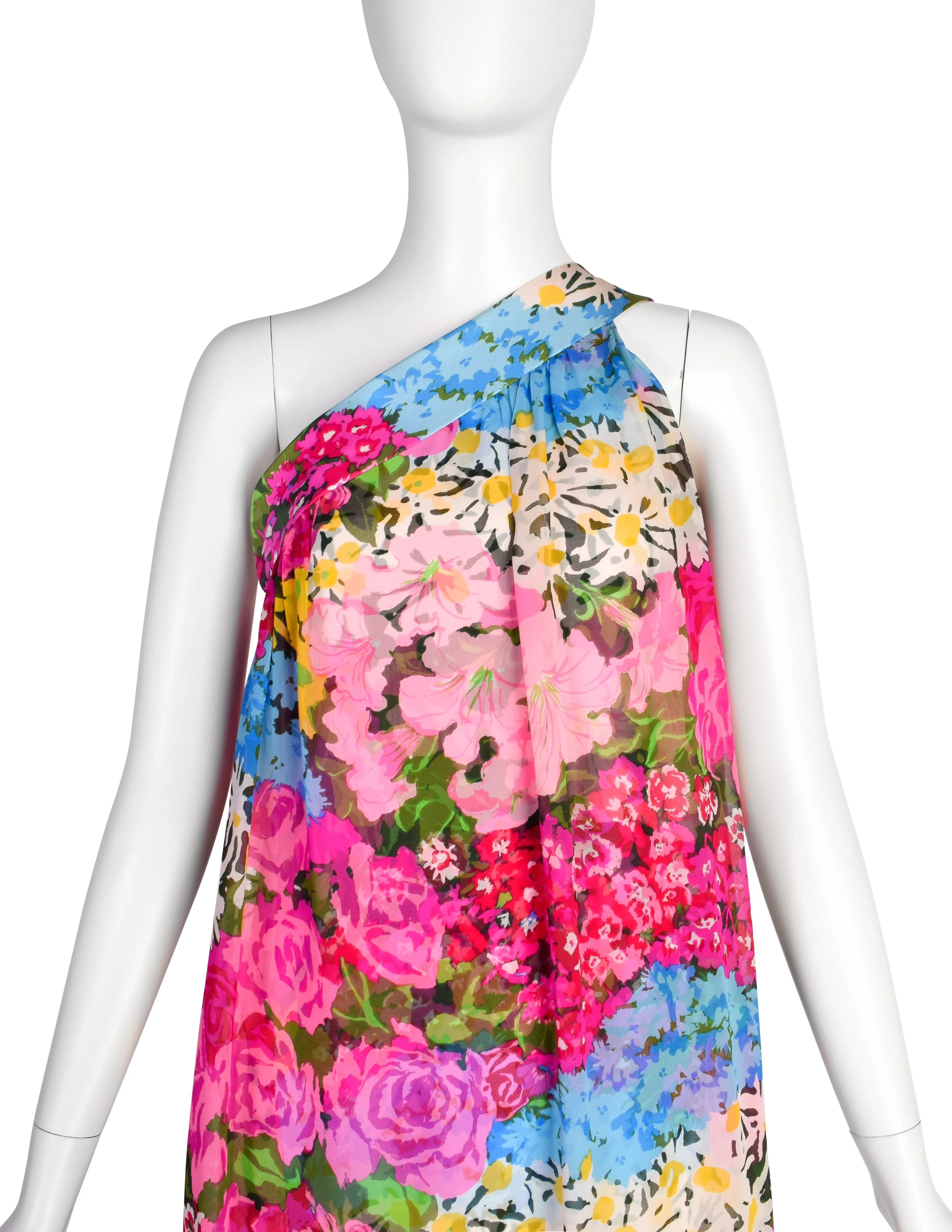 Pauline Trigere Vintage Late 1960s Pink Floral Silk One Shoulder Dress
