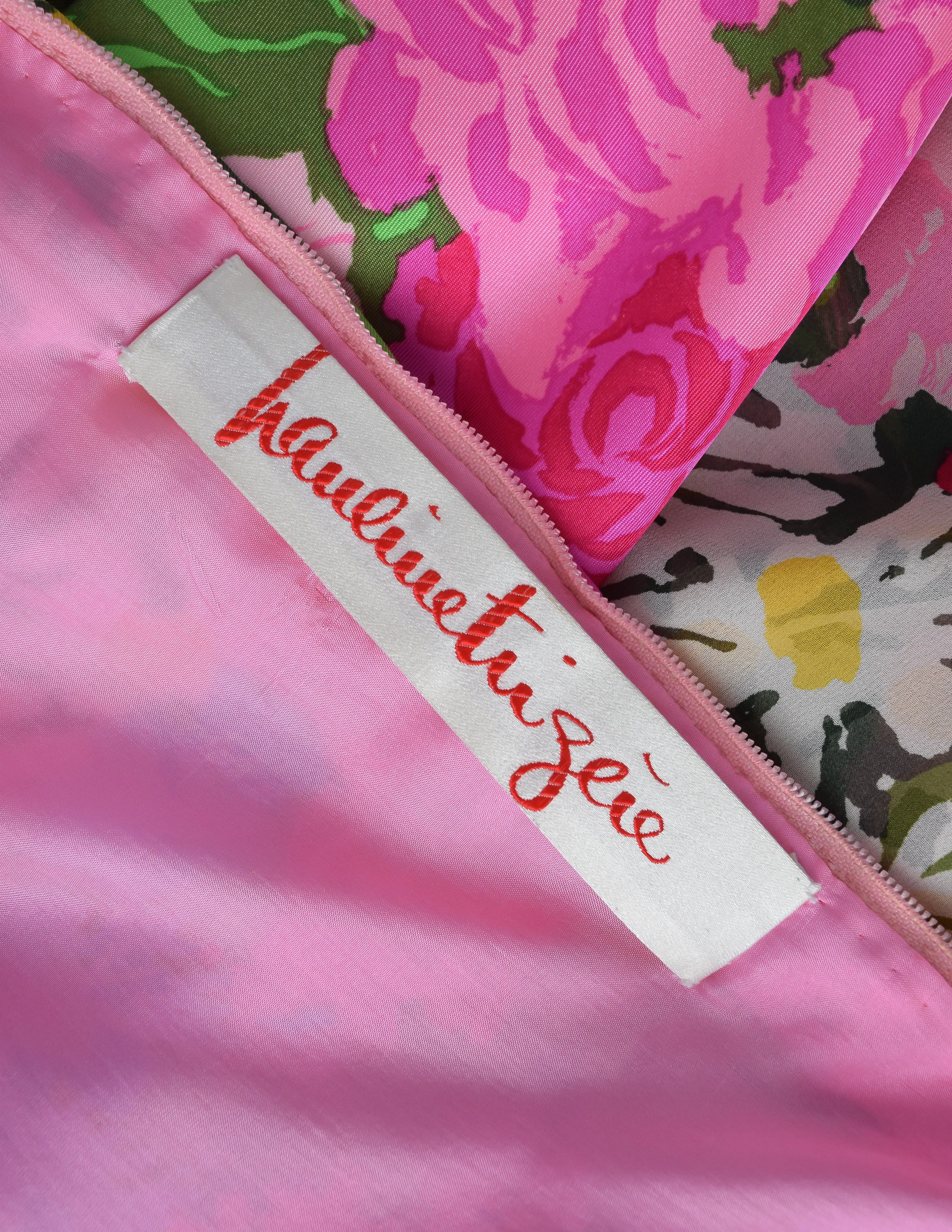 Pauline Trigere Vintage Late 1960s Pink Floral Silk One Shoulder Dress
