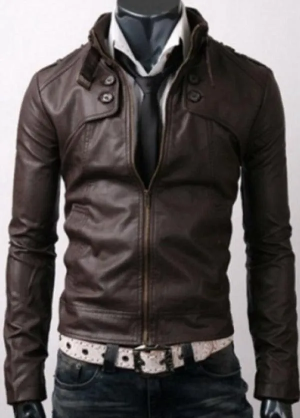Slim Fit Button Pockets Rider Dark Brown Leather Jacket
