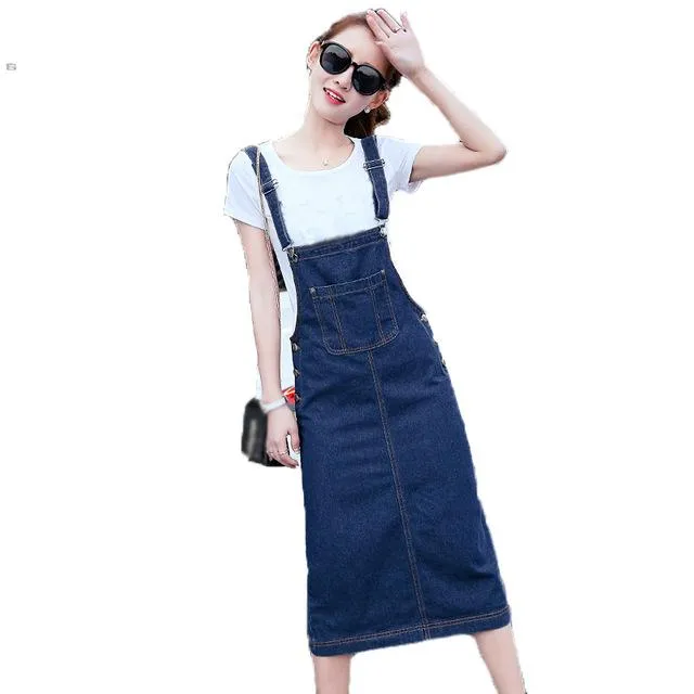 Winter Autumn Women Dungaree Pinafore Denim Jeans Pockets Overalls Vintage Sleeveless Casual Loose Long Bib Dress Kaftan Vestido